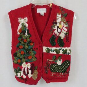 Vintage Casual Corner Red and Green Christmas Tree Candle Sweater Vest